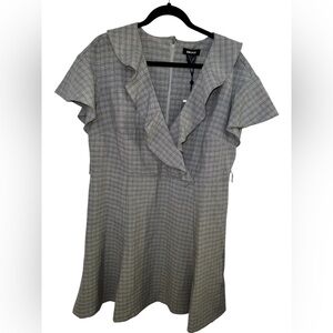 DKNY Gray Plaid Ruffle V-Neck Dress